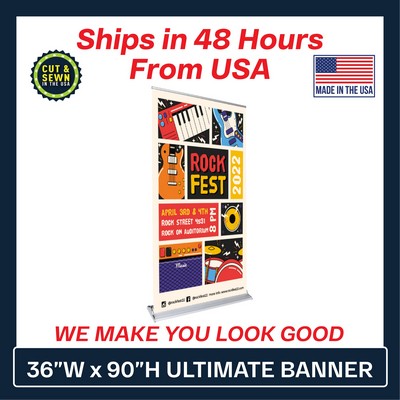 36" Ultimate Retractable Banner (Graphic & Hardware Package)-(No-Curl Hybrid Media) Printed in USA